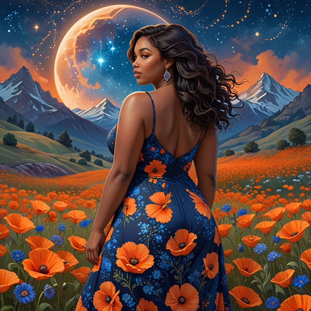 Woman in Poppy Field Under Mandala Moon