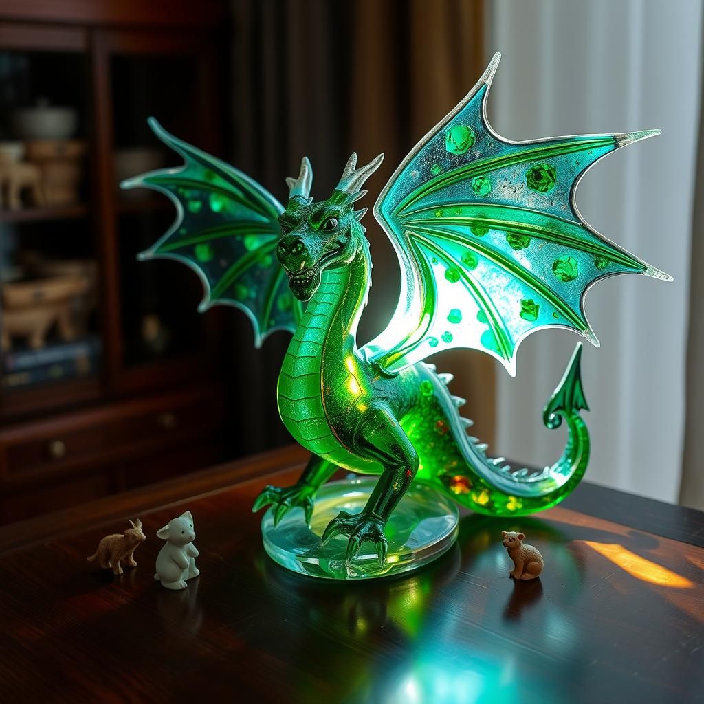 Multicoloured Glass Dragon Sculpture with Emeralds