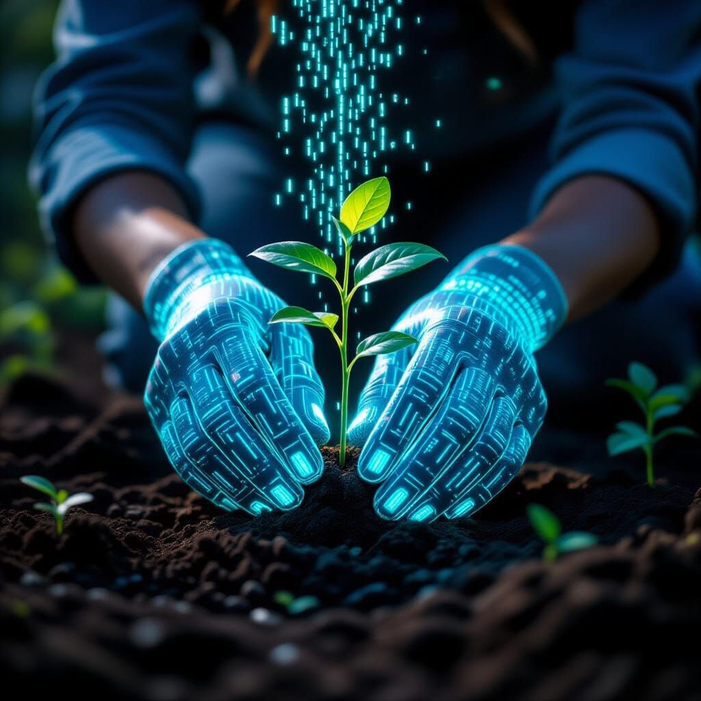 Glowing Digital Hands Potting Plant With Code Sap