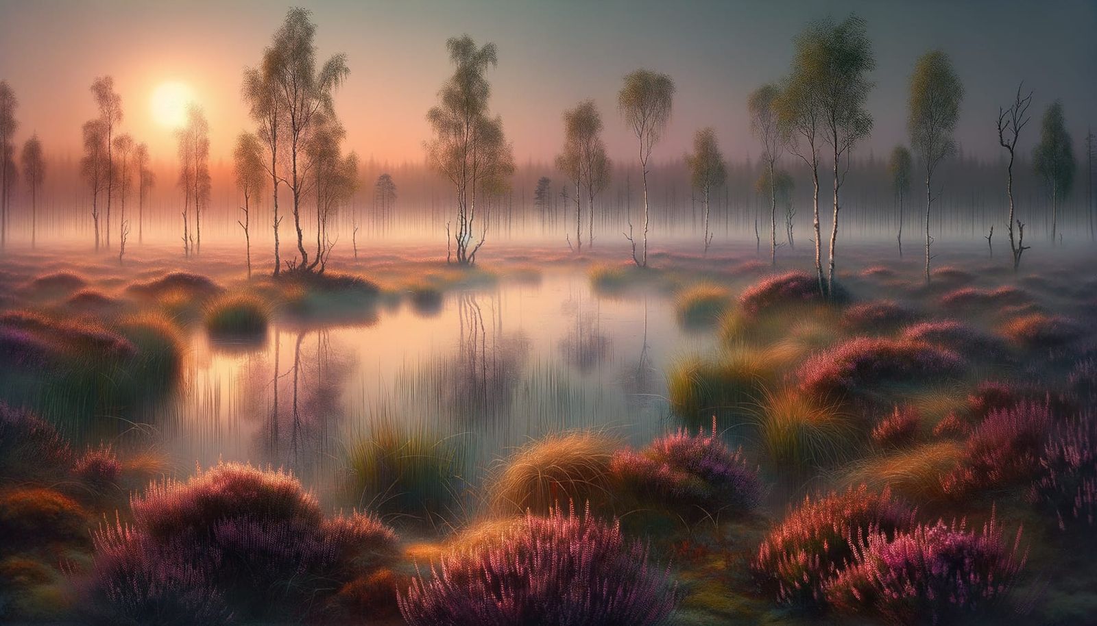 Misty Peat Bog Sunrise with Birch Trees