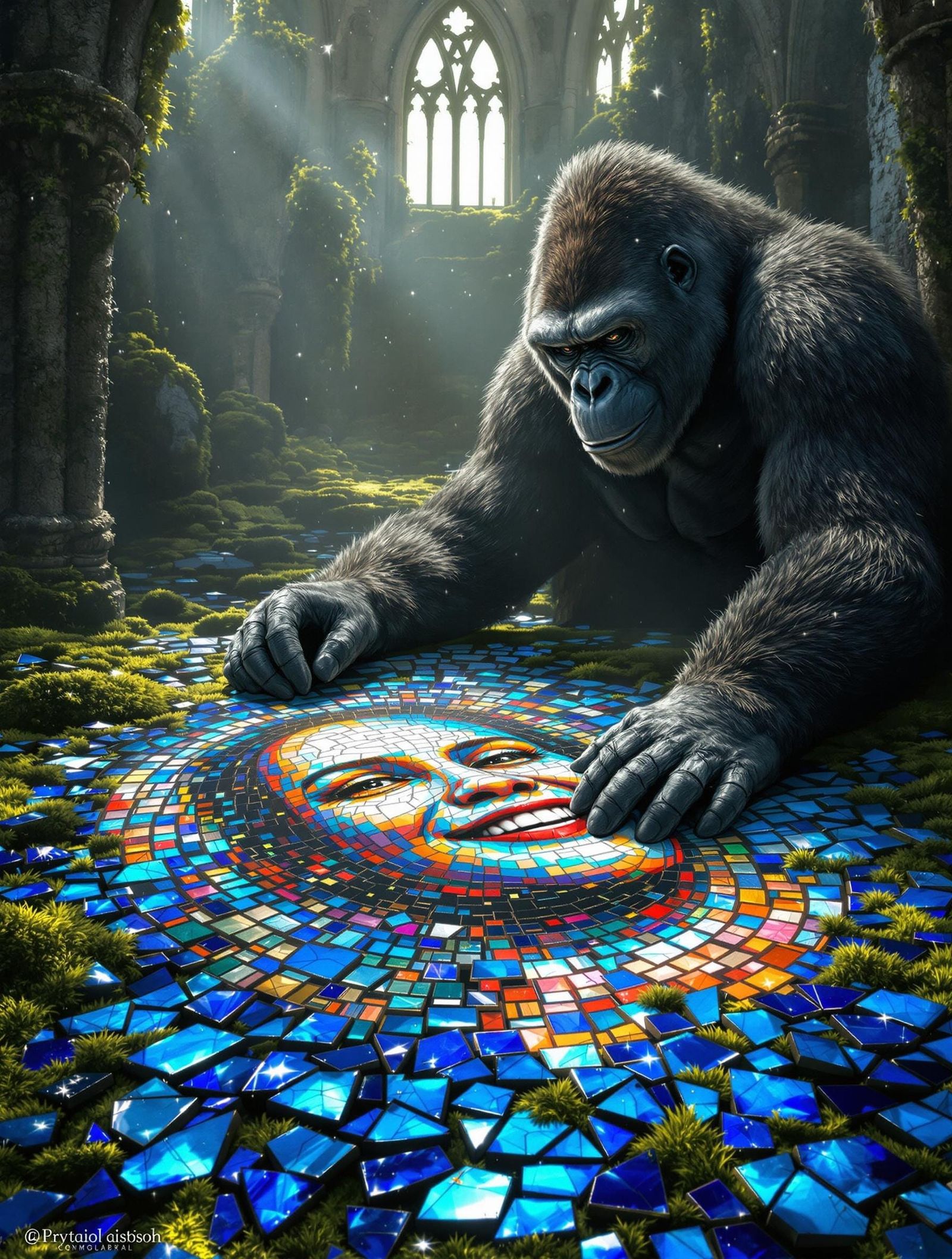 Gorilla Mending Stained Glass Mosaic in Ruins