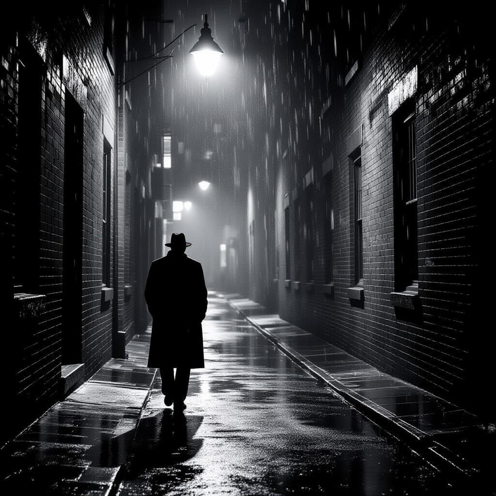 Noir Film Scene: Lone Figure in Rainy Alley