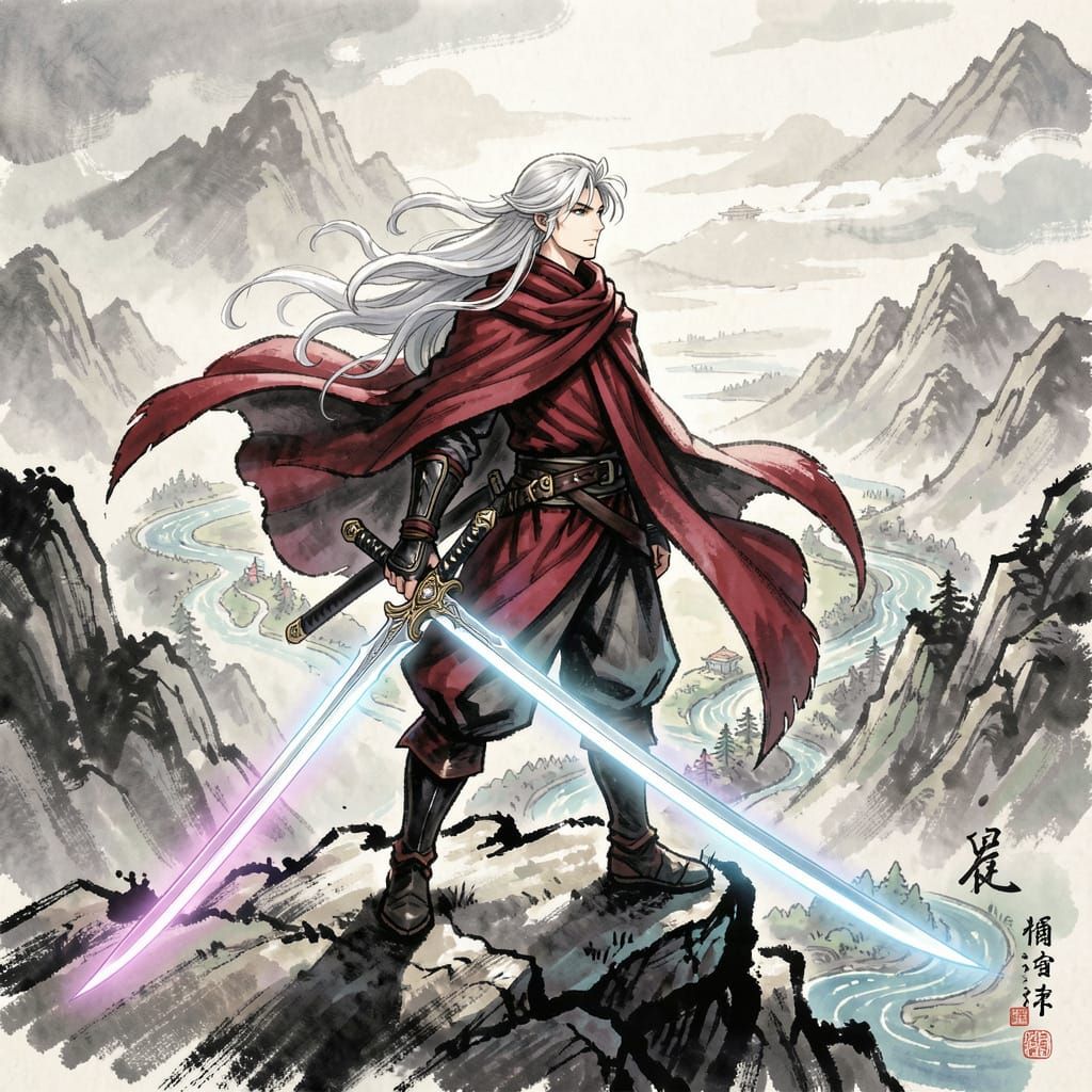 Warrior on Mountain Peak Overlooking Mystical Valley