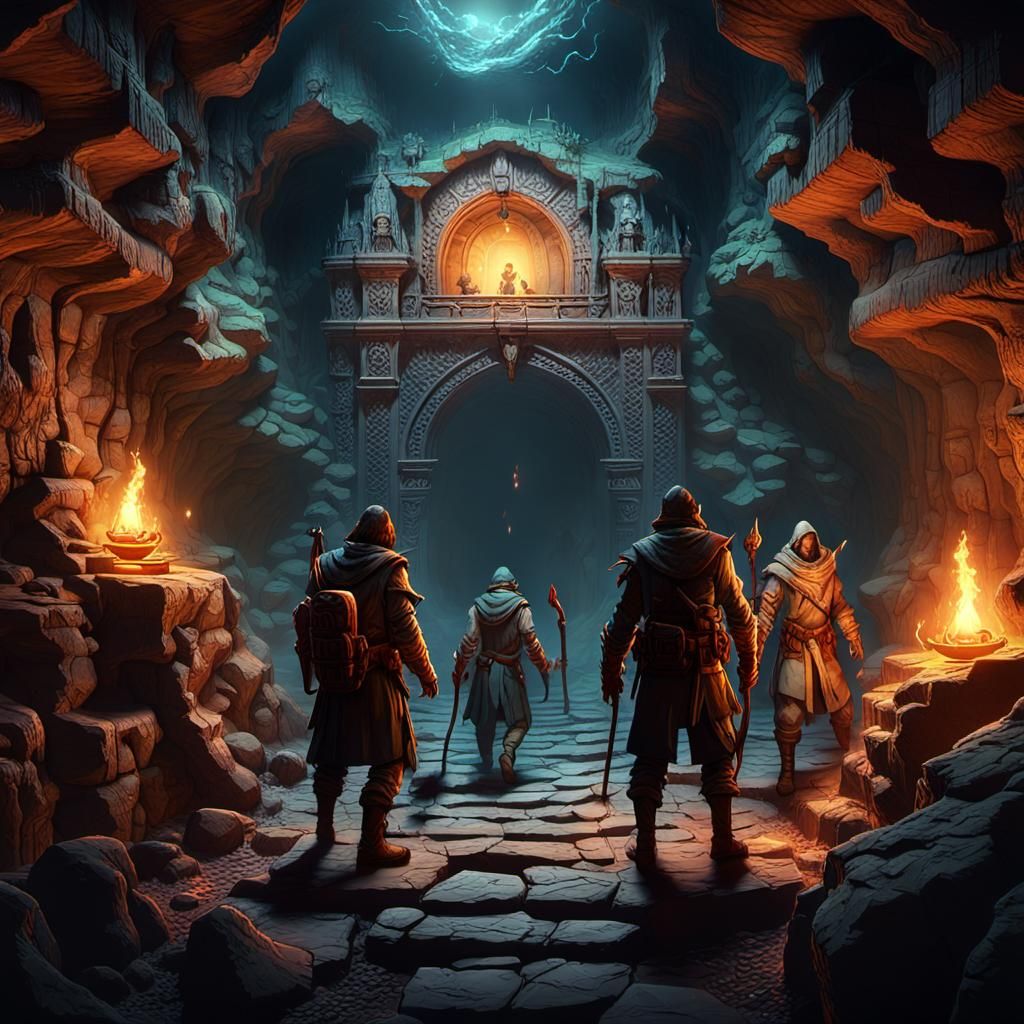 Adventurers in a Dark Fantasy Cave System