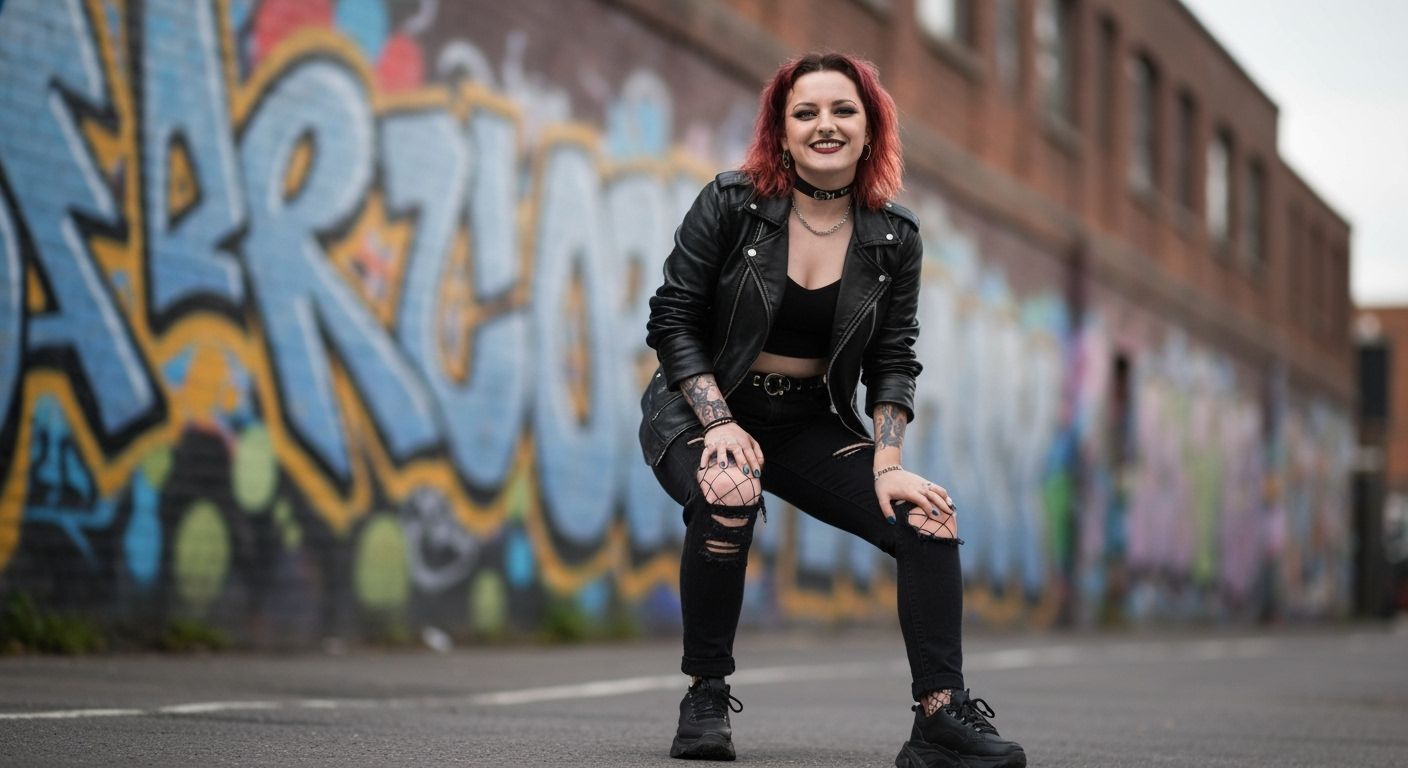 Dynamic Street Style Photo of Punk Girl with Graffiti Backgr...