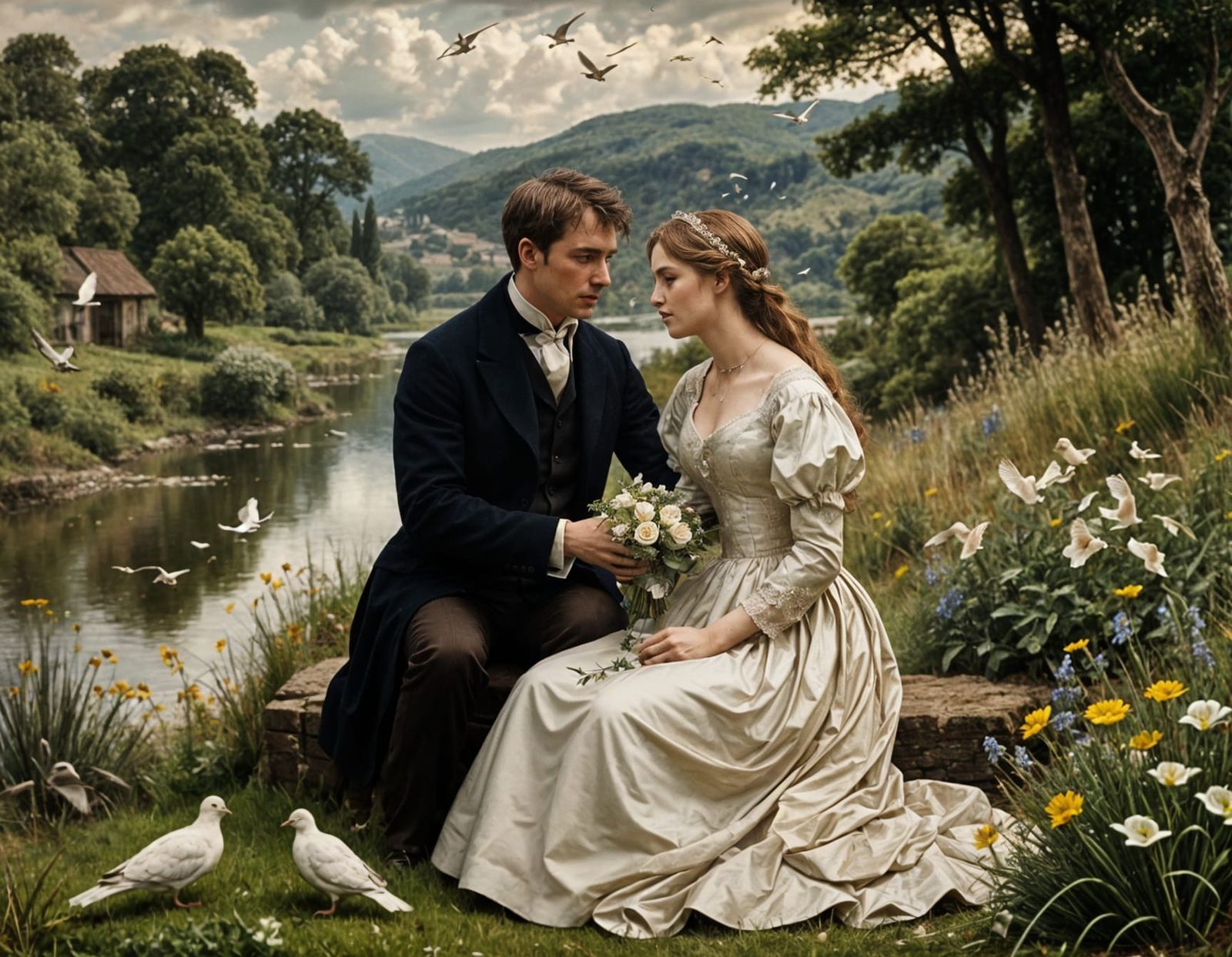 Love in Harmony: A Couple Surrounded by Doves in a Serene La...