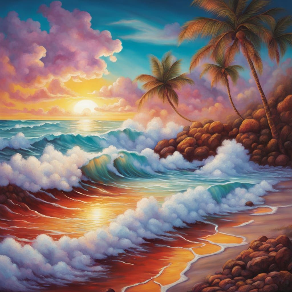 Hyperrealistic Tropical Beach Sunset Mural