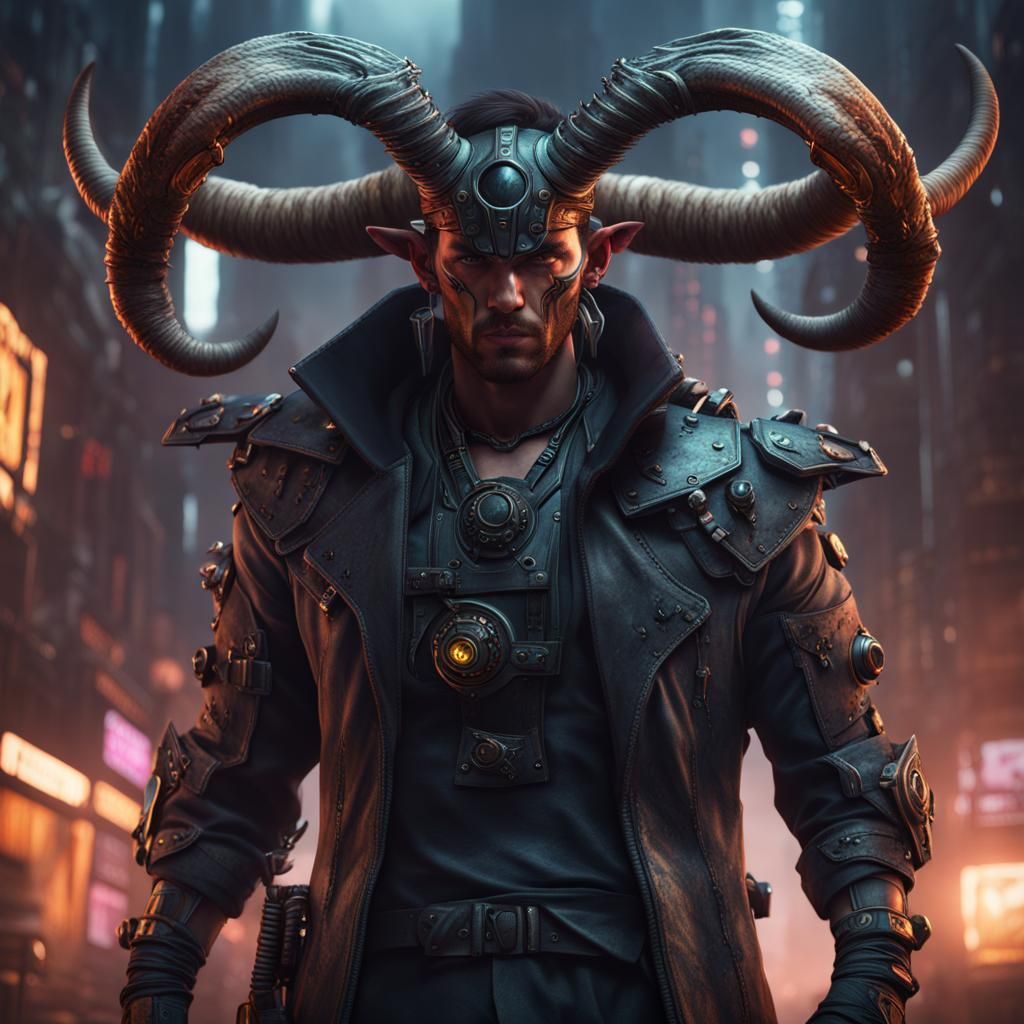Cyberpunk Cyborg Scavenger with Bull Horns
