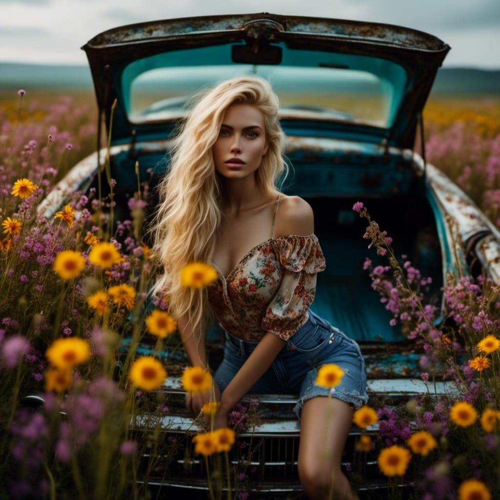 Blonde Model in Wildflower Field
