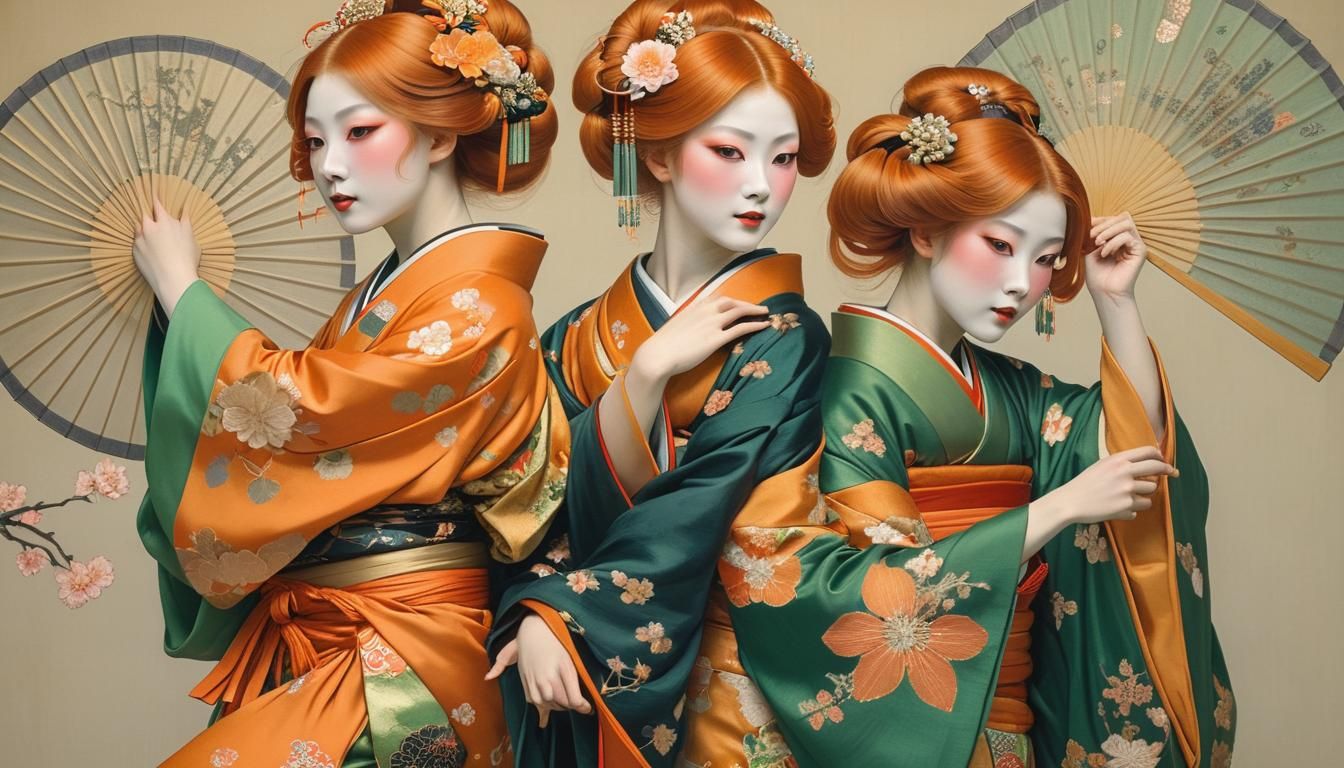 Geishas Performing Traditional Dance in Art Nouveau Style