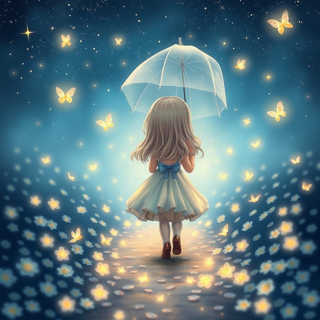 Enchanted Starry Night Girl Wanders into Whimsy