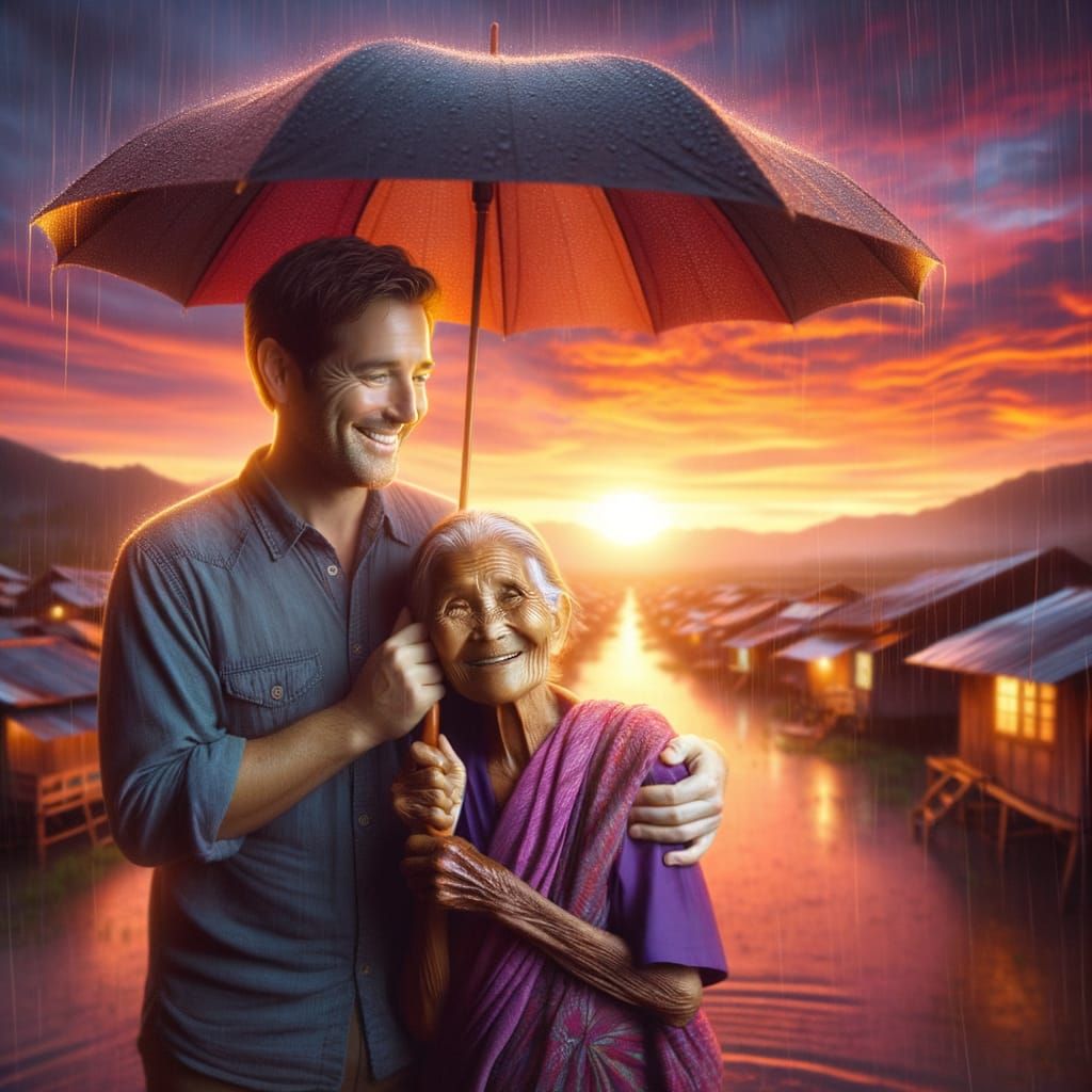Kind Man Shields Elderly Woman Under Magical Sunset Rain
