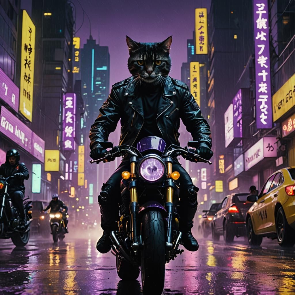 Cyberpunk Cat Leads Motorcycle Pack