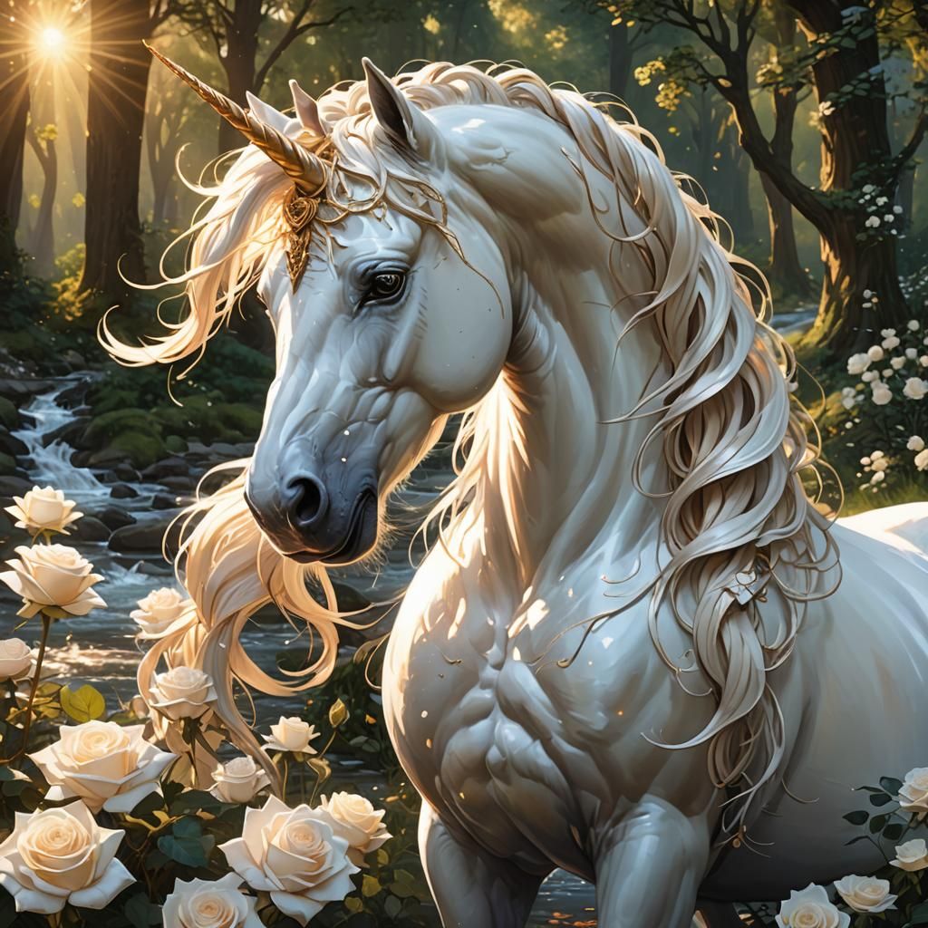 White Unicorn with Roses, Hyperdetailed Forest Scene