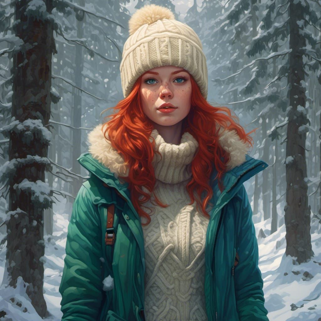 Red-Haired Girl in Snowy Forest: Hyperreal Portrait