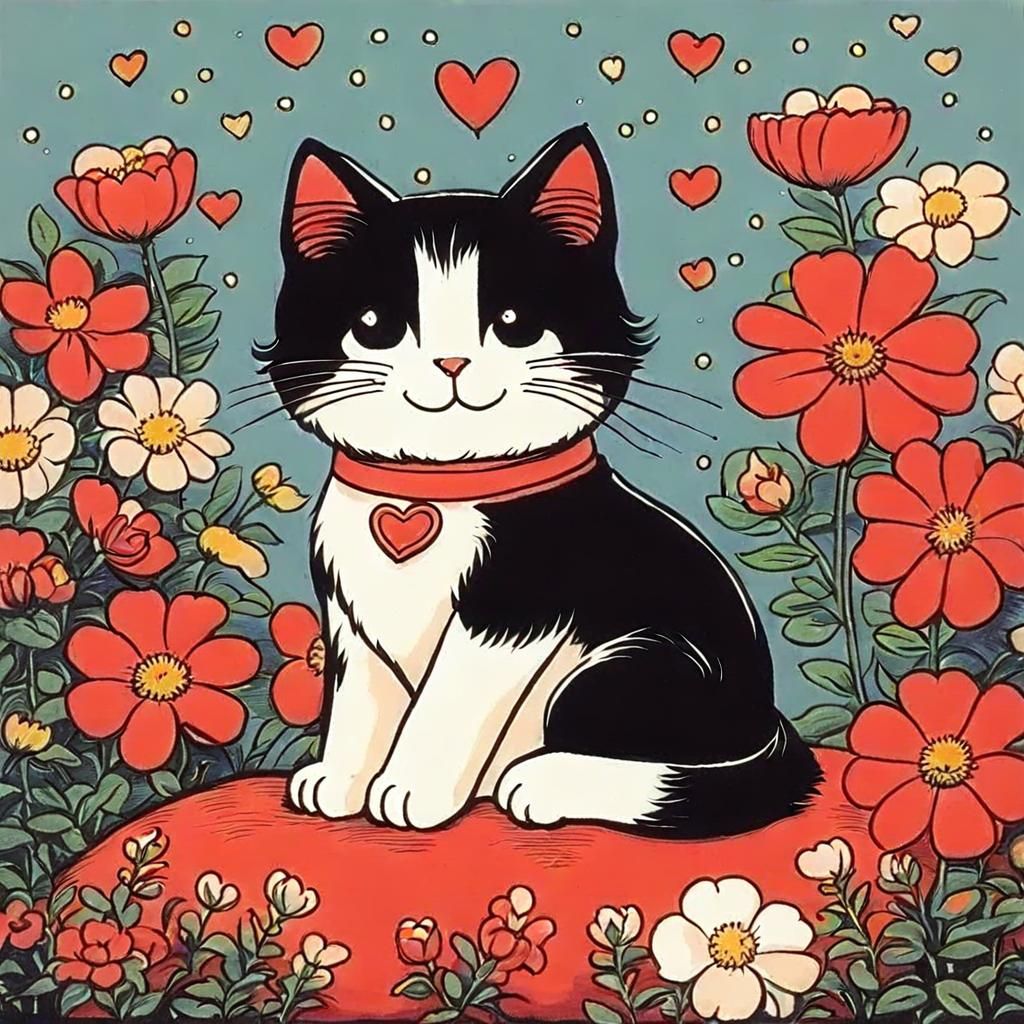 Cute Cat on Pillow Surrounded by Flowers