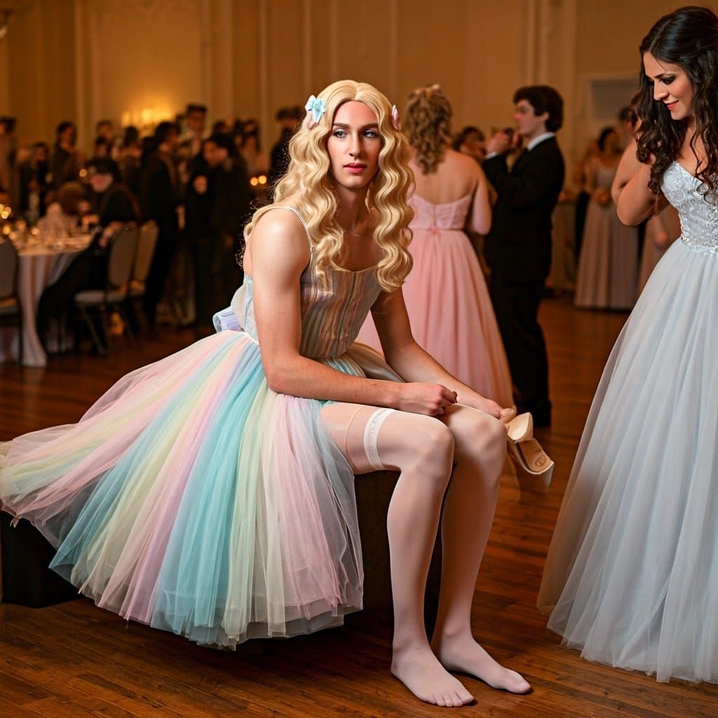Delicate Young Man in Pastel Prom Dress, Surrounded by Femin...