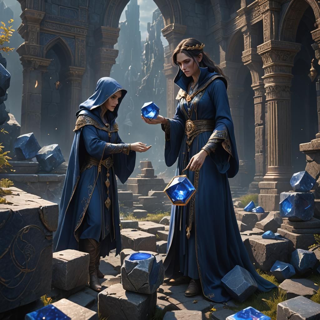 Sorceress dressed in sapphire placing the philosopher's stone in a cube for protection