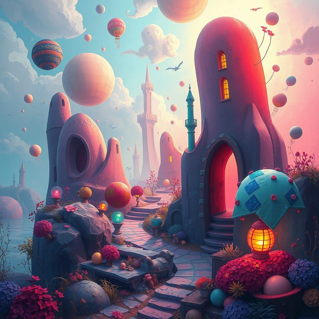 Dreamlike Scene with Abstract Shapes and Ethereal Lighting