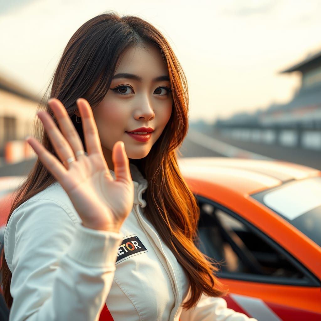 Beautiful Woman in Racing Suit at Racetrack