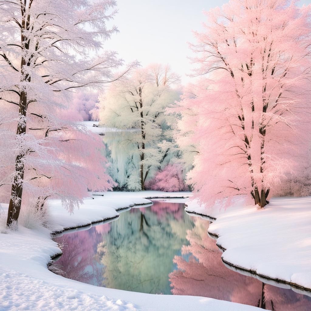 Pastel Winter Wonderland Scene with Pond