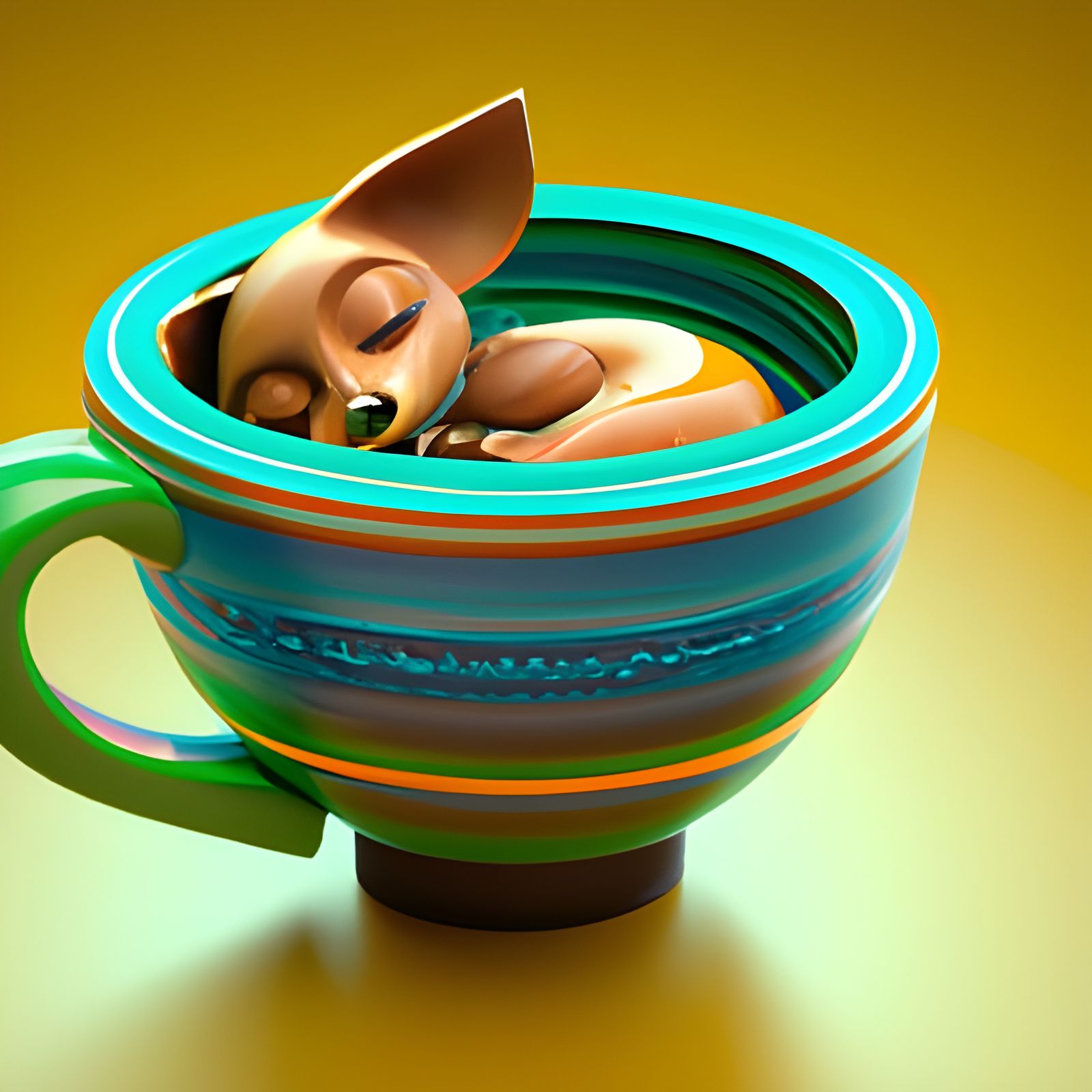 Chihuahua Puppy Sleeps in Coffee Cup: Pixar Style