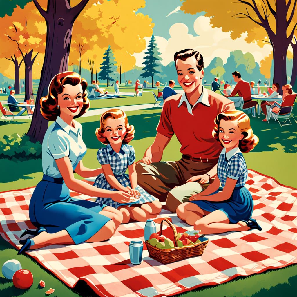 Vintage Family Picnic in Sunny Park