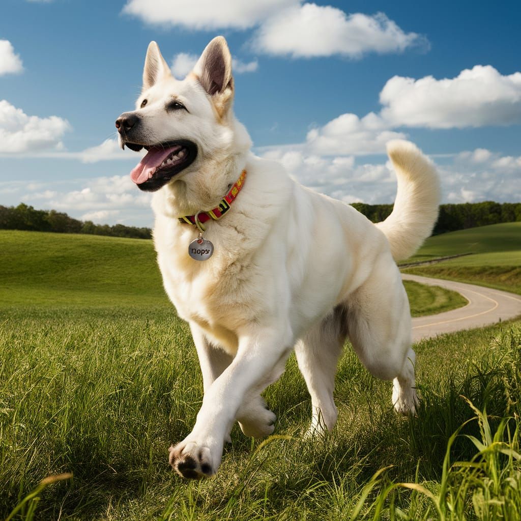 Happy White Shepherd Prancing in a Field