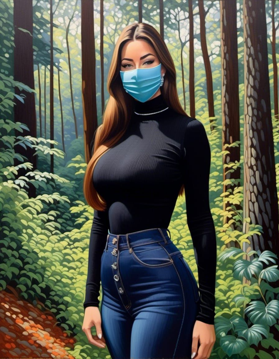 Masked Woman in Forest, Oil Painting Style