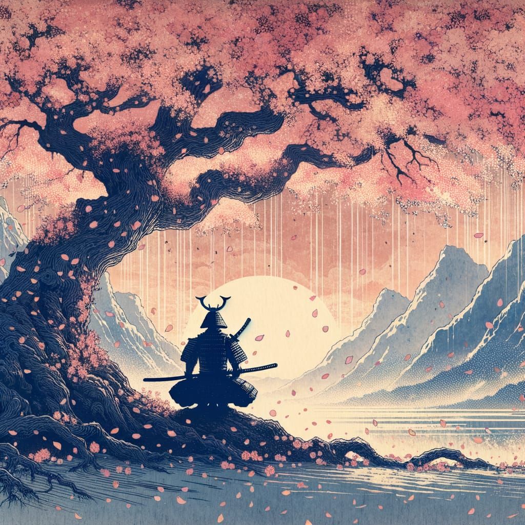A lone samurai warrior meditating under a giant, cherry blos...