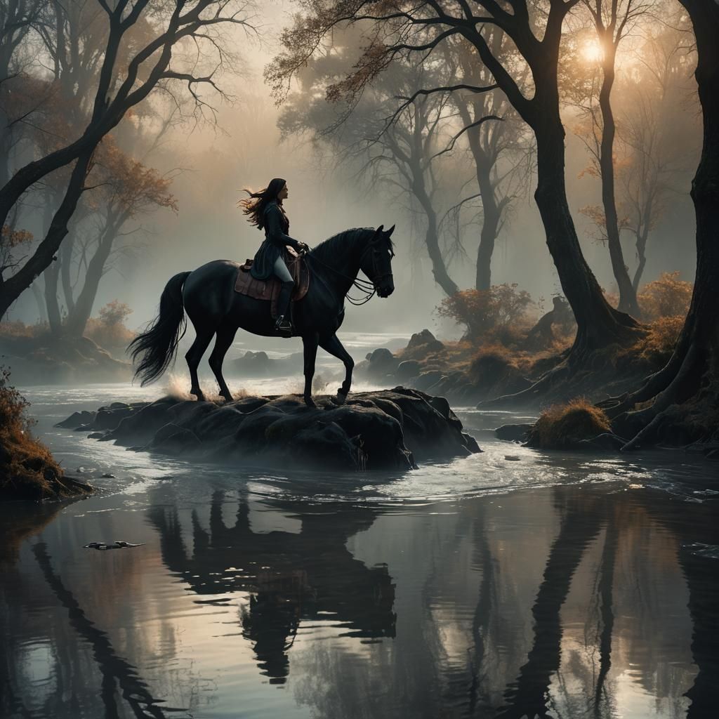 Girl on Black Horse by Misty River, Fantasy Art