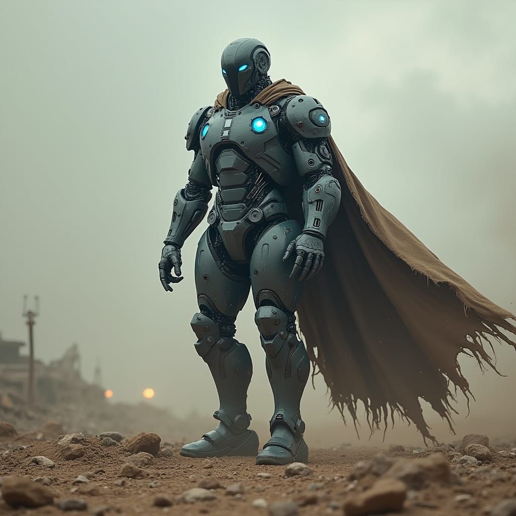 Cybernetic Soldier in Post-Apocalyptic Wasteland