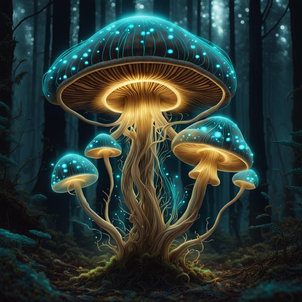 Bioluminescent Mushroom Medusa in Forest Fantasy