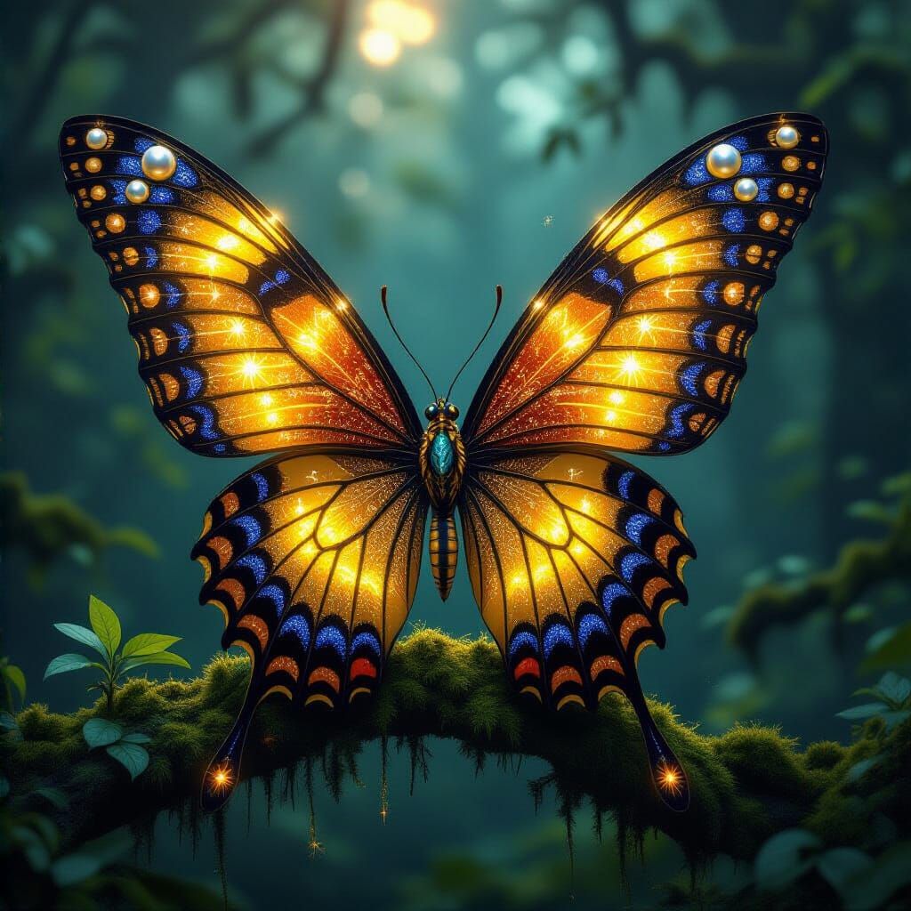 a majestic butterfly with large, golden dragon-like wings ad...