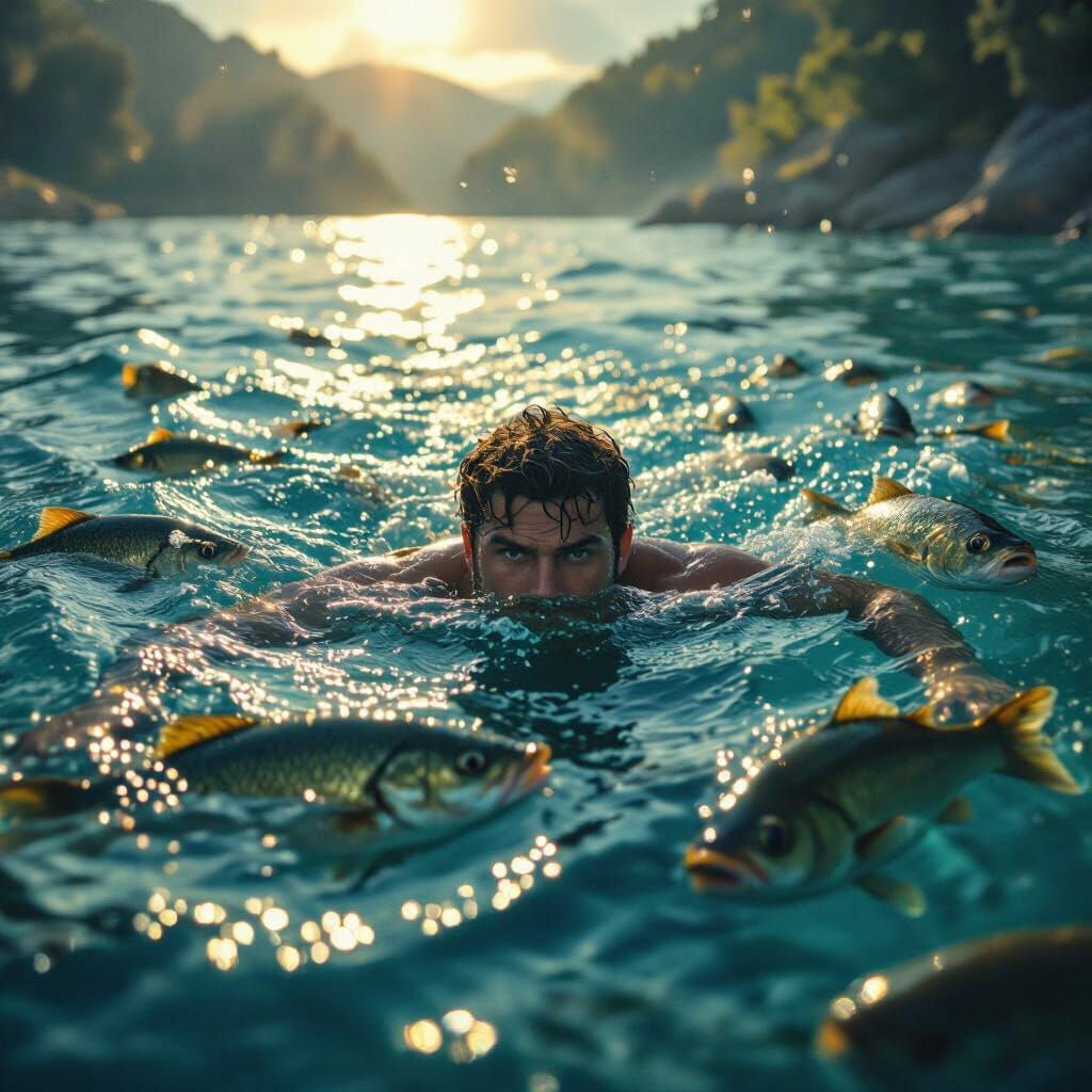 Man Swimming with Giant Bass in Cinematic Style
