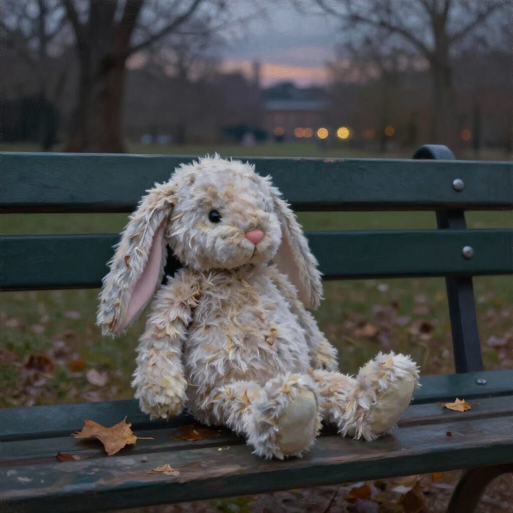 Melancholic Velvet Rabbit on Park Bench at Twilight