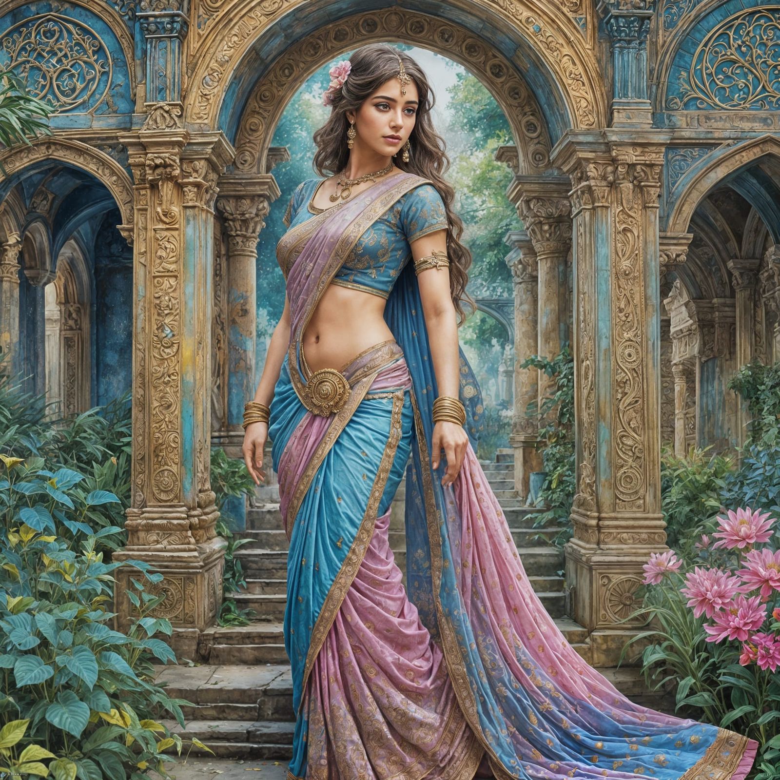 Indian Princess Bride in Blooming Palace Garden