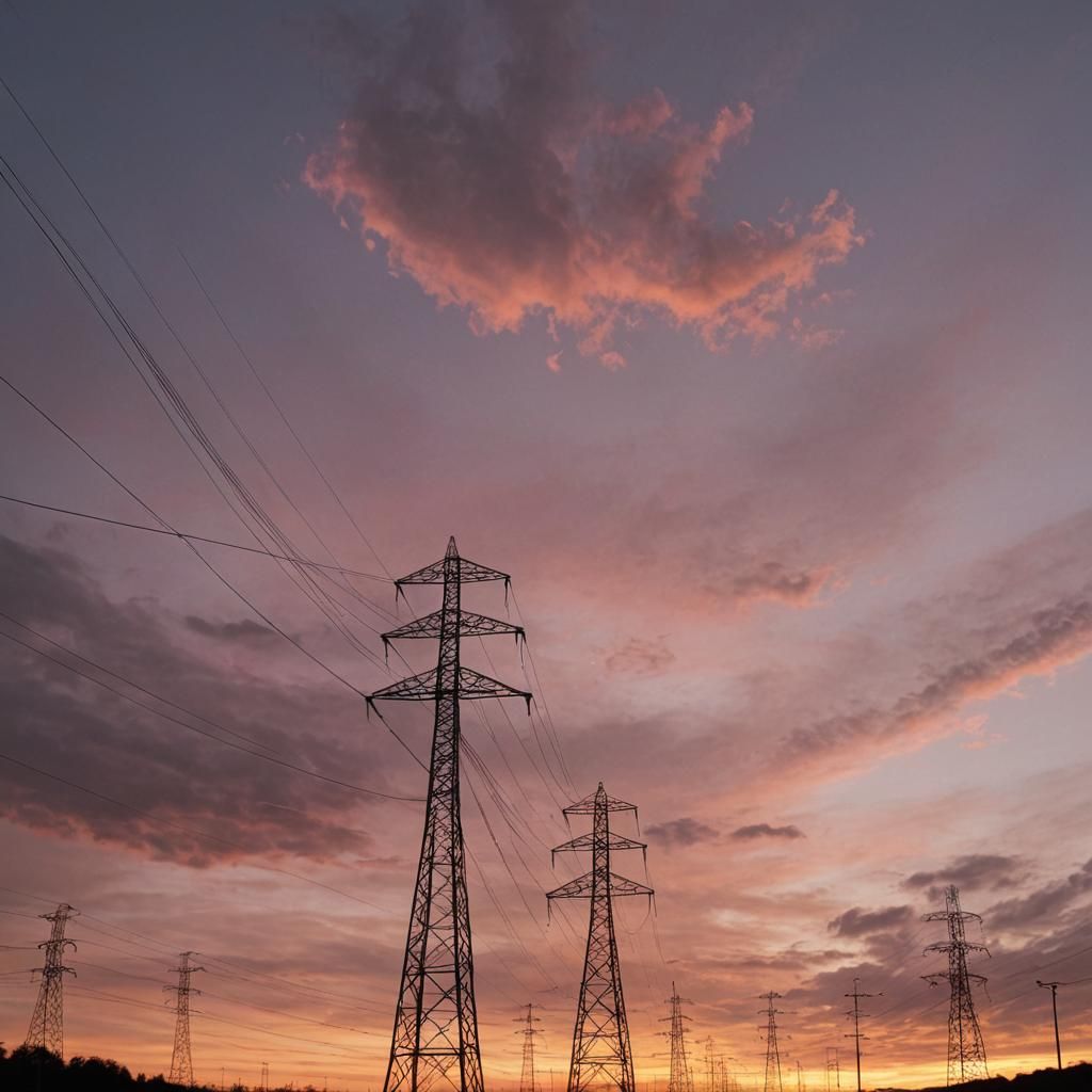 Pylons Silhouetted Against Dramatic Sunset
