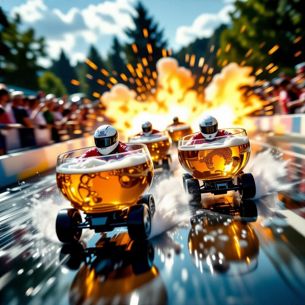 Surreal Dali-Style Race of Glass Bowls on a Chaotic Track