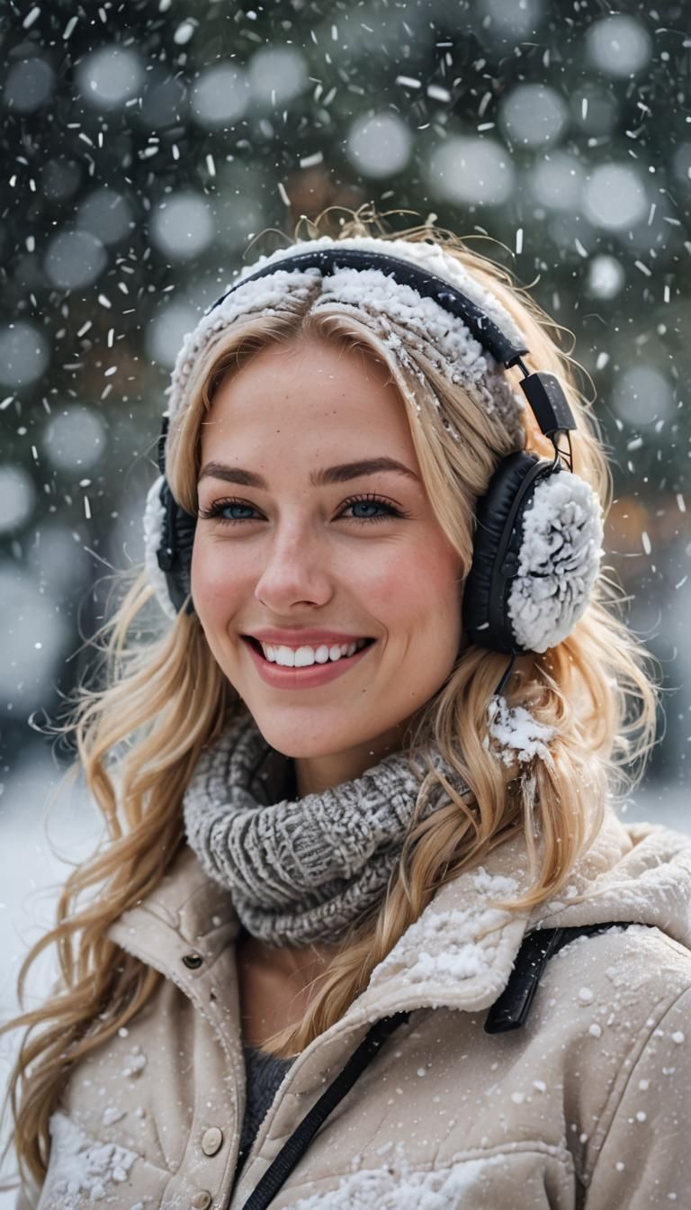 Winking Blonde with Earmuffs in Winter Snow
