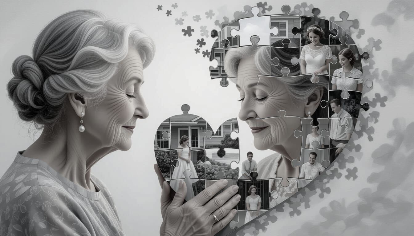 Elderly Woman's Memories Form Puzzle Heart in Grayscale