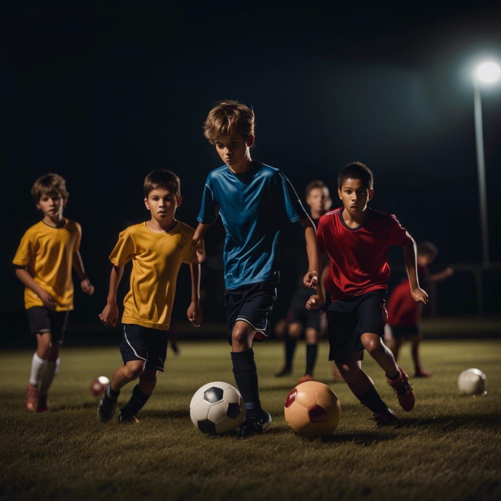 Boys Playing Night Soccer Game