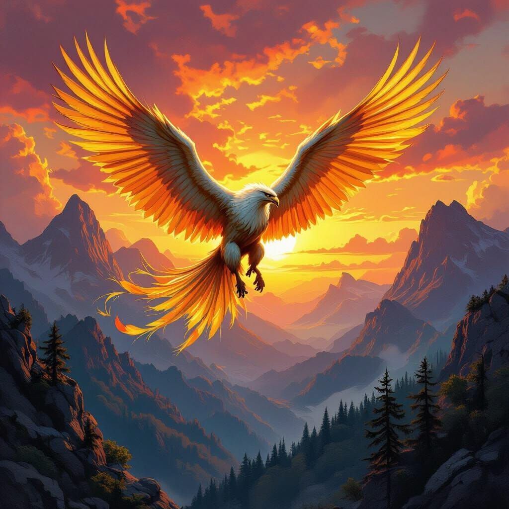 Griffin Soaring at Sunset: A Fantasy Art Piece
