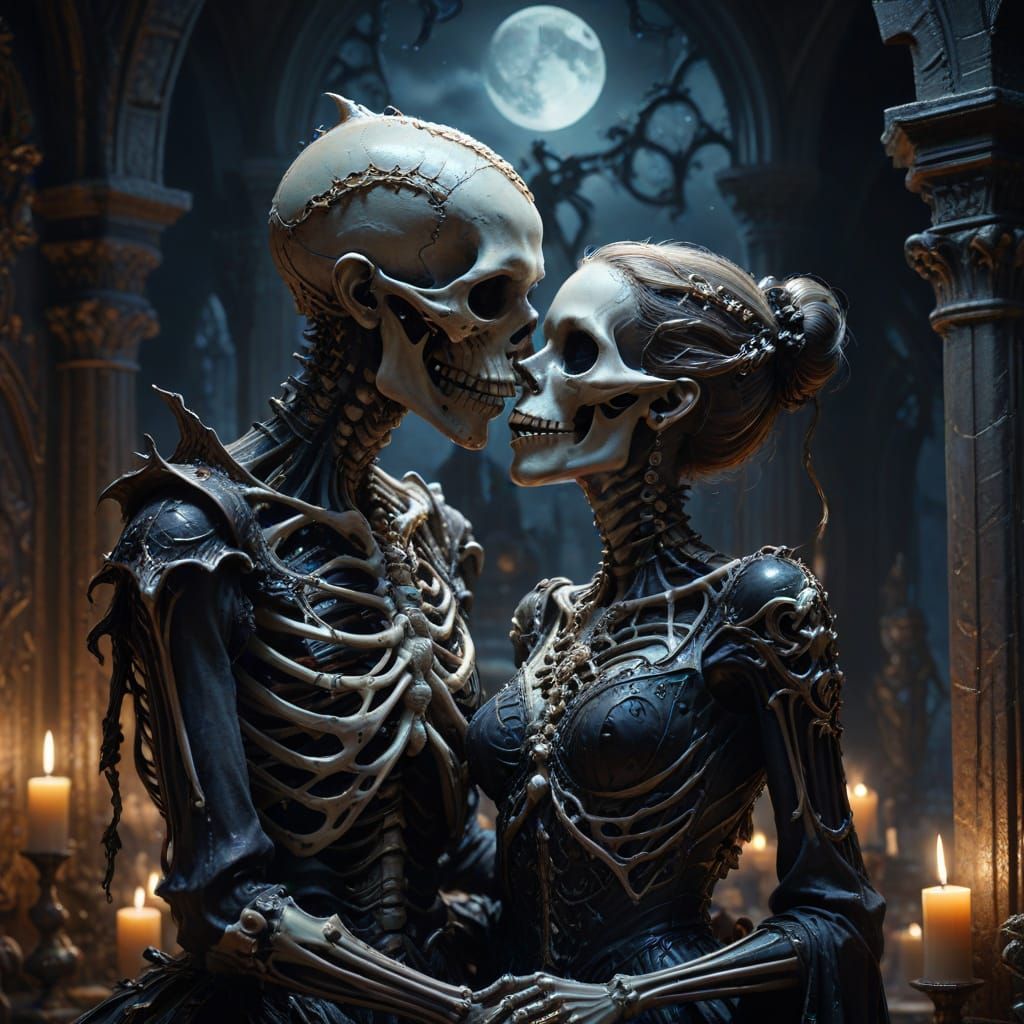 Romantic Skeletal Couple Kissing in Dark Ballroom