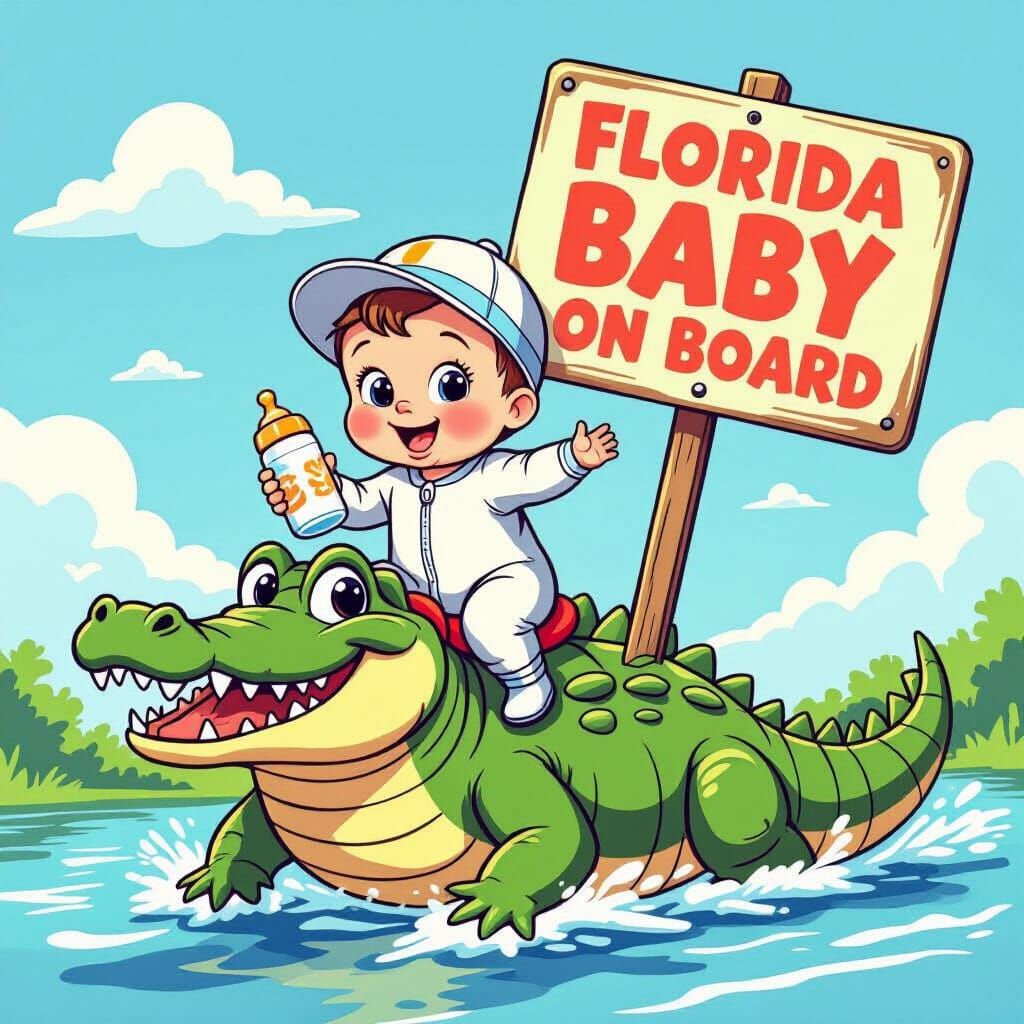 Cartoon Baby Rides Alligator with Florida Baby Sign