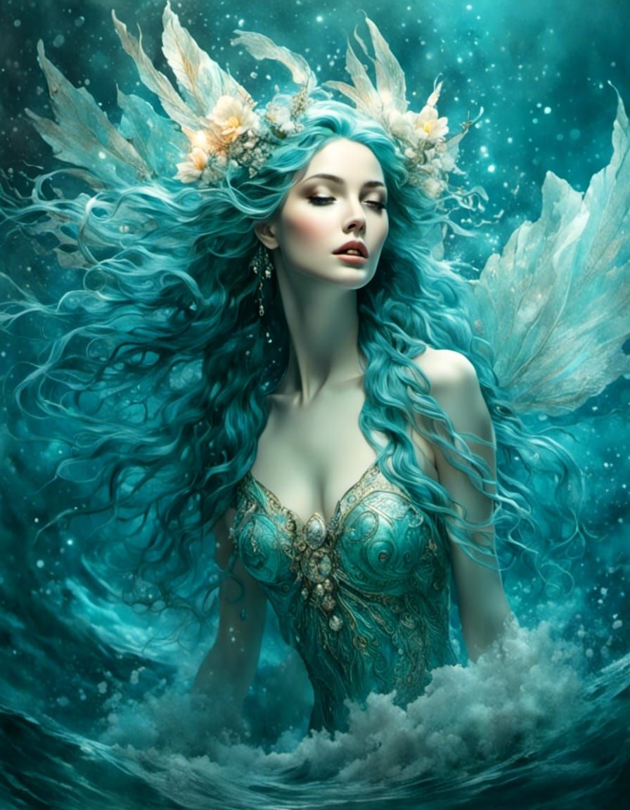 Water Nymph Emerges in Romantic Watercolor Style