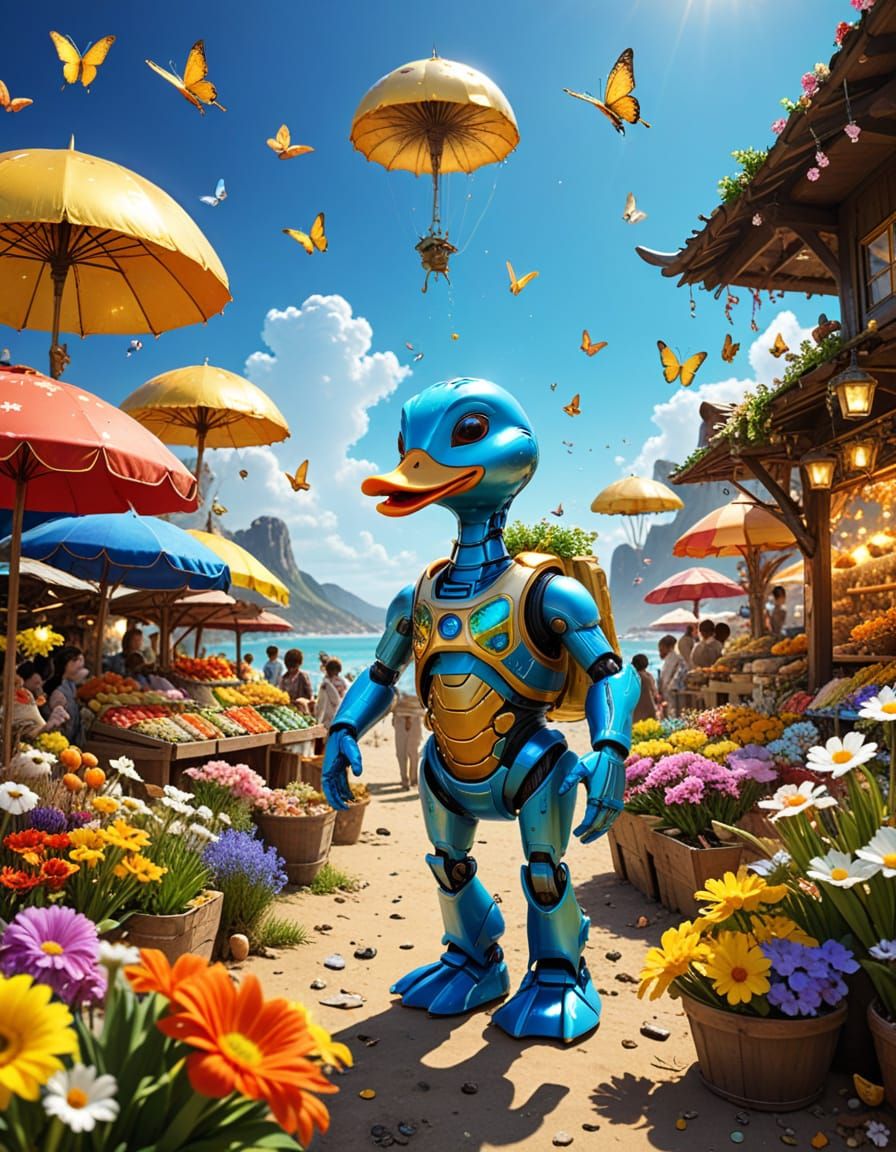 Alien Market of Kindness in Sunny Spring Meadow