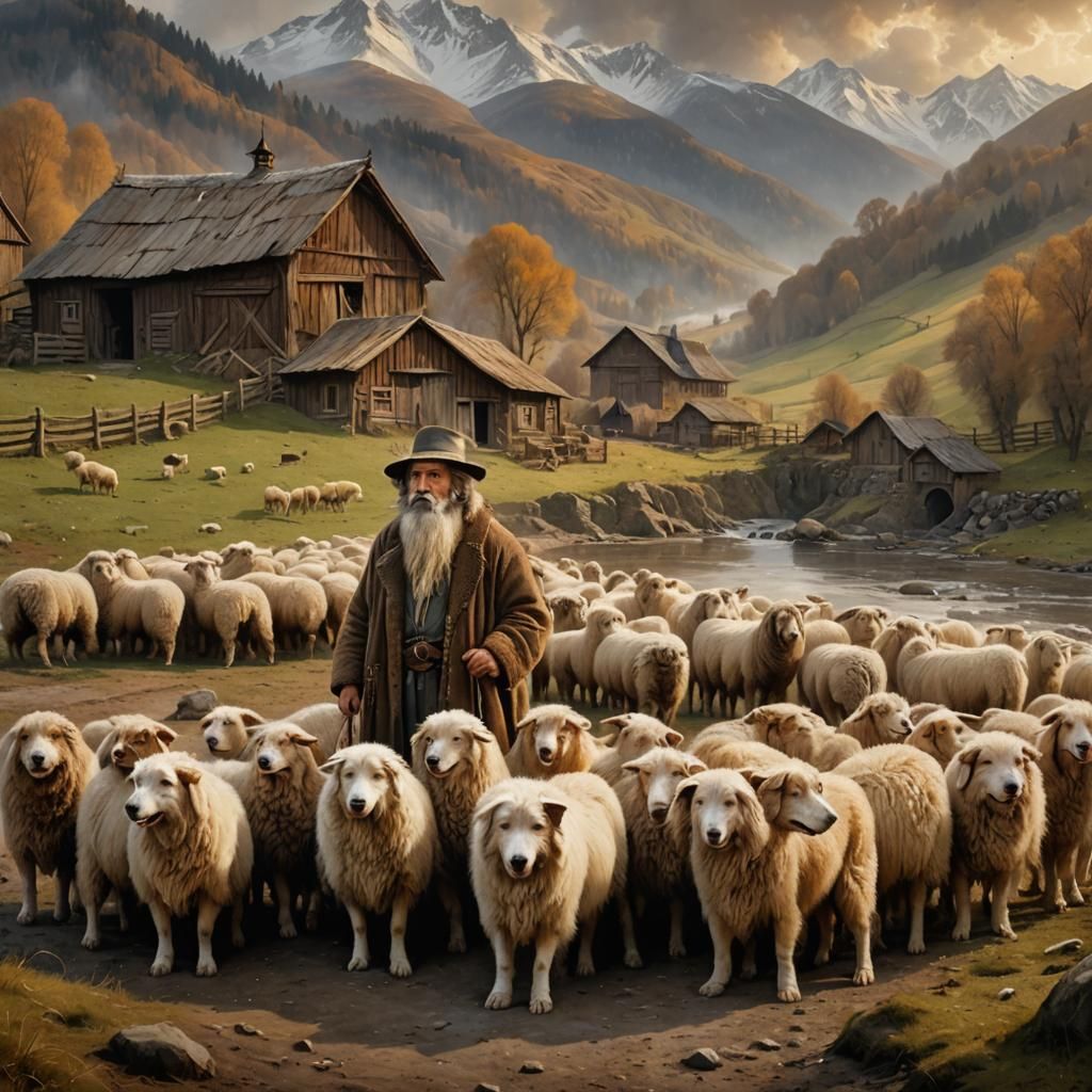 Romanian Shepherd in Barn: Folk Art Matte Painting