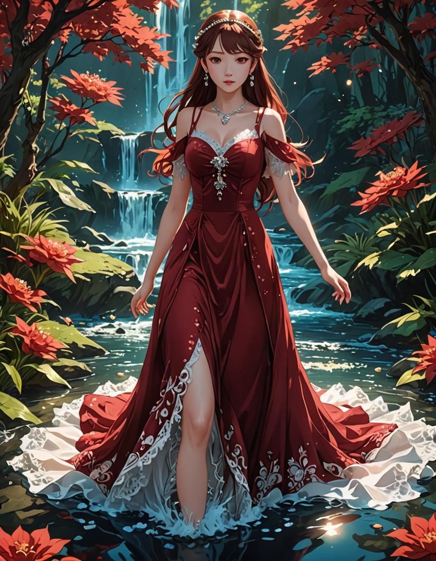 Red Velvet Dress with Crystal Top, Anime Style