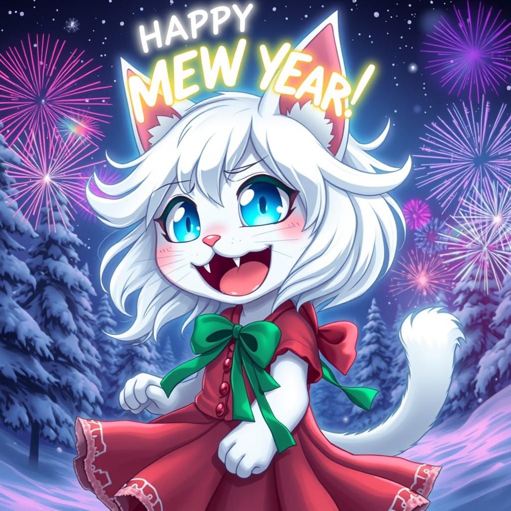 Synthwave Anime Catgirl Celebrates in Whimsical Winter Wonde...